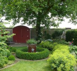Buchsrondell hinter der Hochwassermauer bei Gabi und Heiner Evers